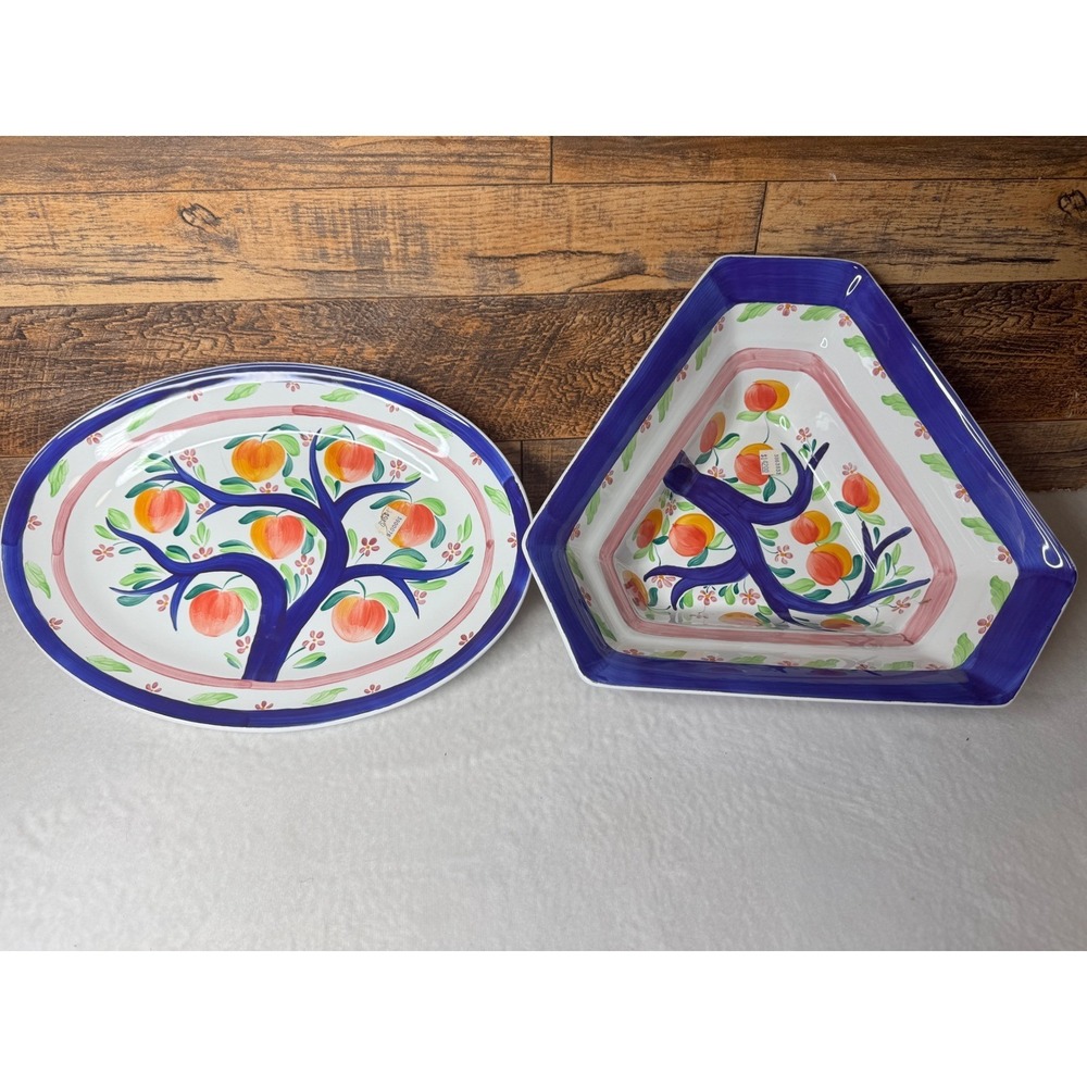 Herend Village Pottery Peach Tree Platter & Triangle Bowl Set Blue Pink